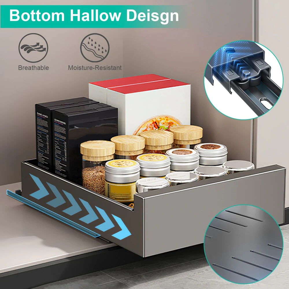 Kitchen drawer with bottom hollow design showing breathability and moisture resistance features, filled with various jars and boxes.