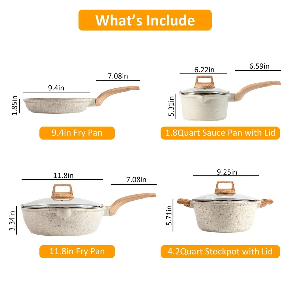 Set of 4 cookware items including 9.4in fry pan, 1.8 quart sauce pan with lid, 11.8in fry pan with lid, and 4.2 quart stockpot with lid.