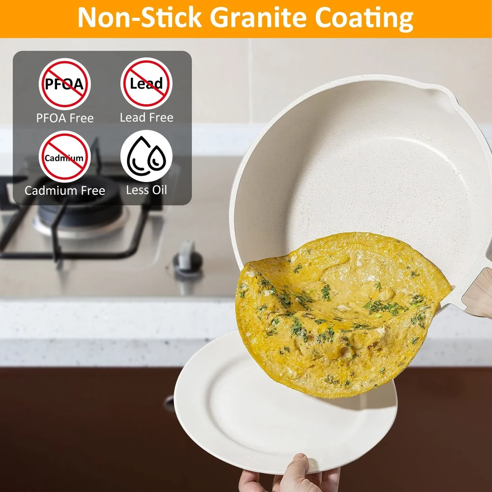 Non-stick granite coating pan cooking low oil omelette with PFOA, lead, and cadmium free certification.