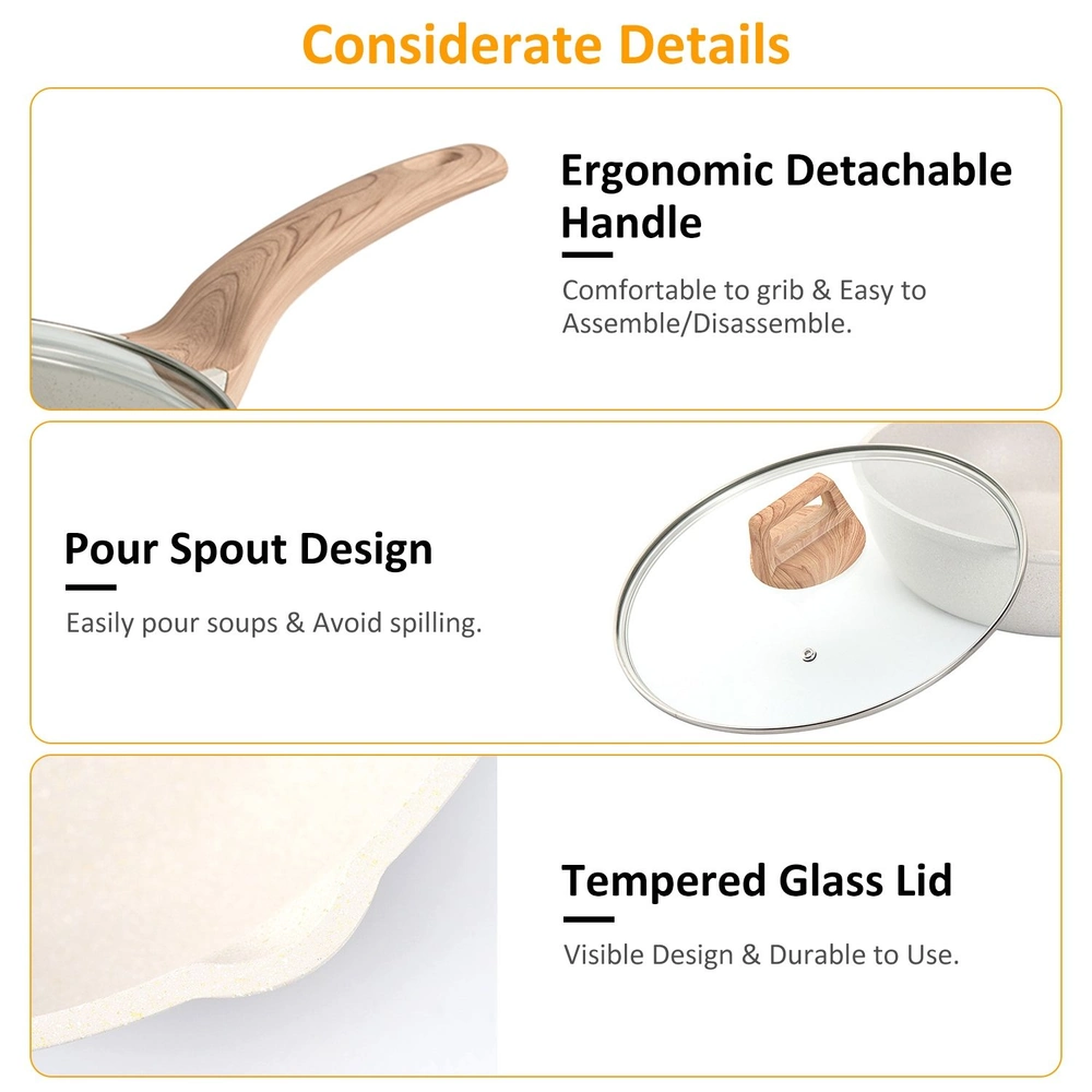 Features of a cooking pot including ergonomic detachable handle, pour spout design, and tempered glass lid.
