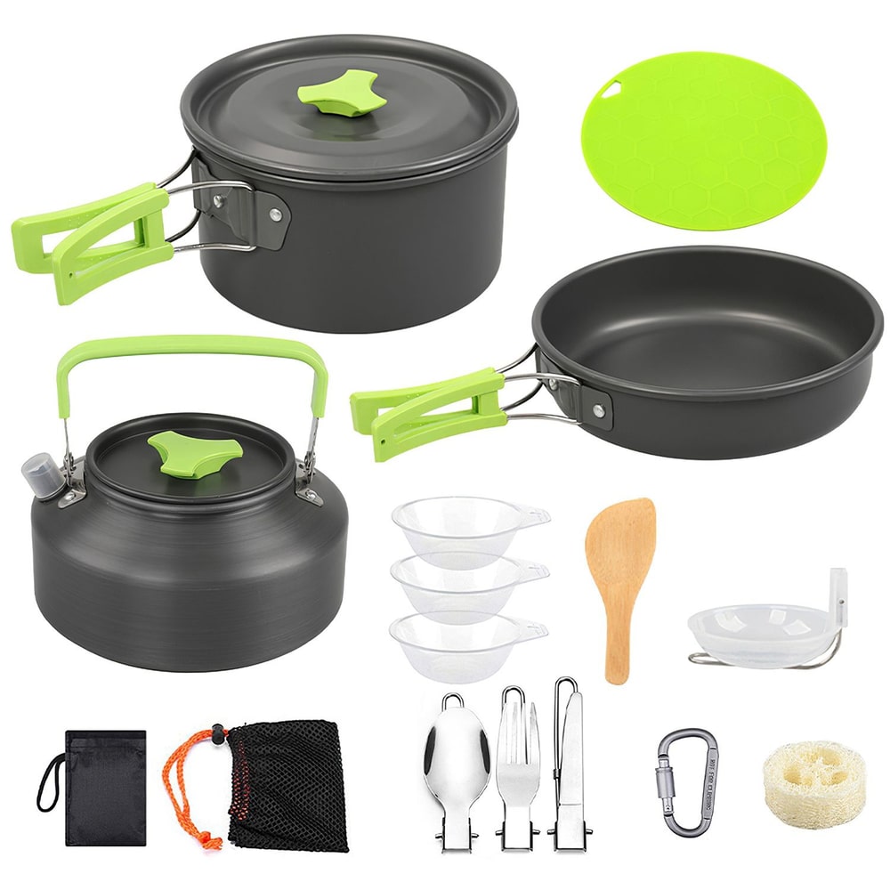 Complete camping cookware set with pot, pan, kettle, utensils, and accessories.