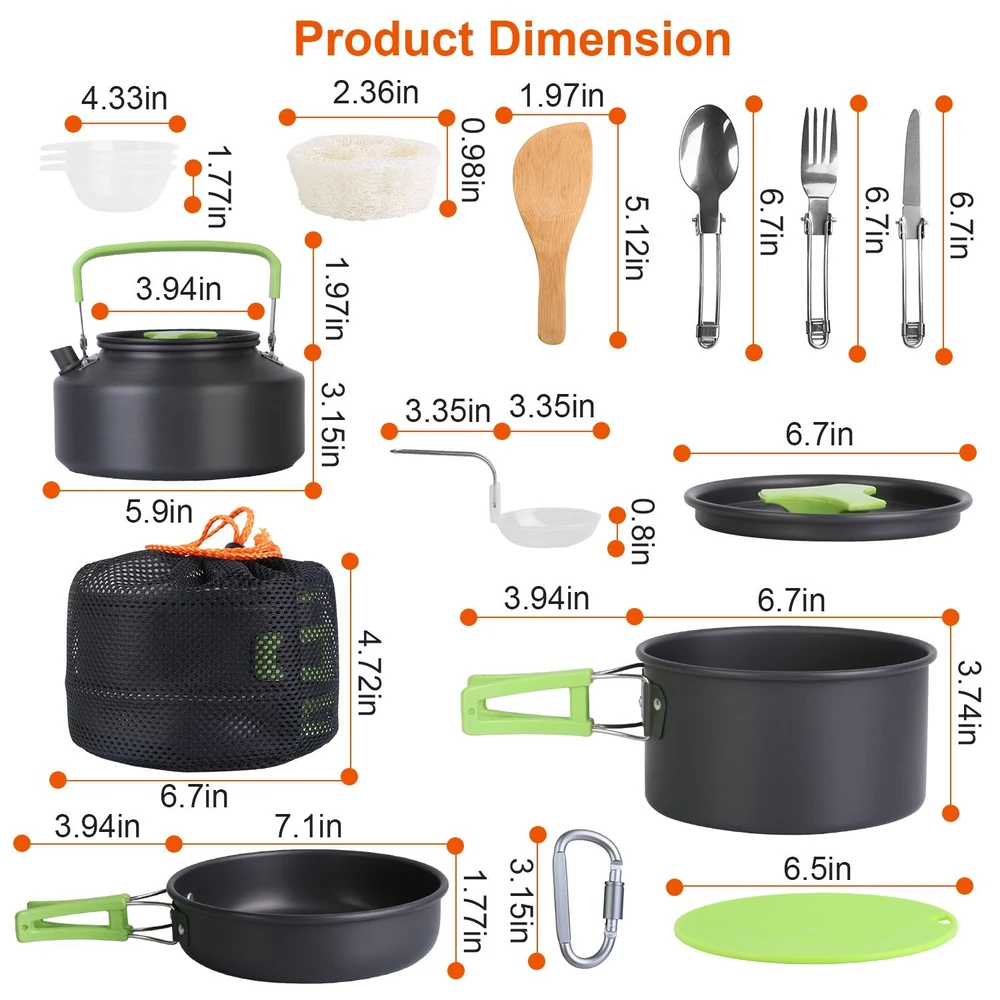 Dimensions of camping cookware set including kettle, pots, utensils, and accessories