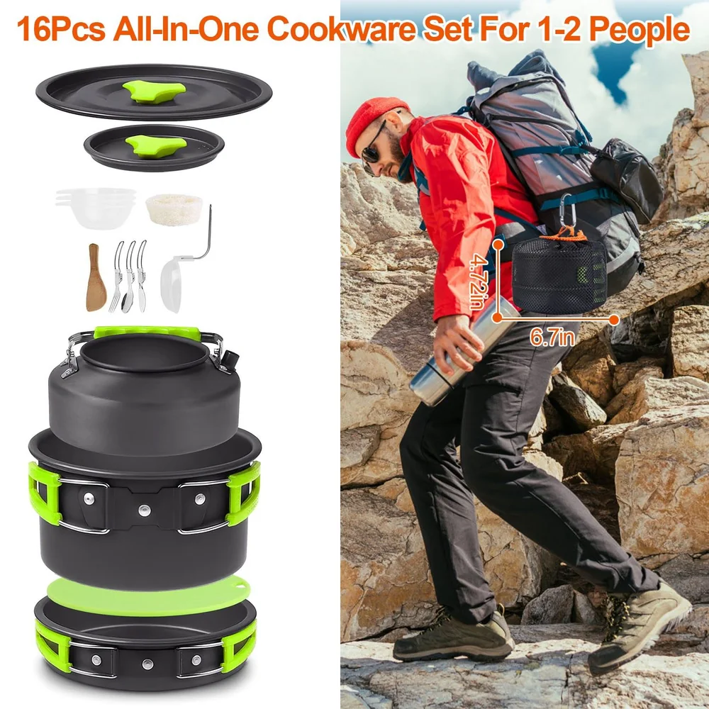 16-piece all-in-one cookware set with man hiking outdoor.