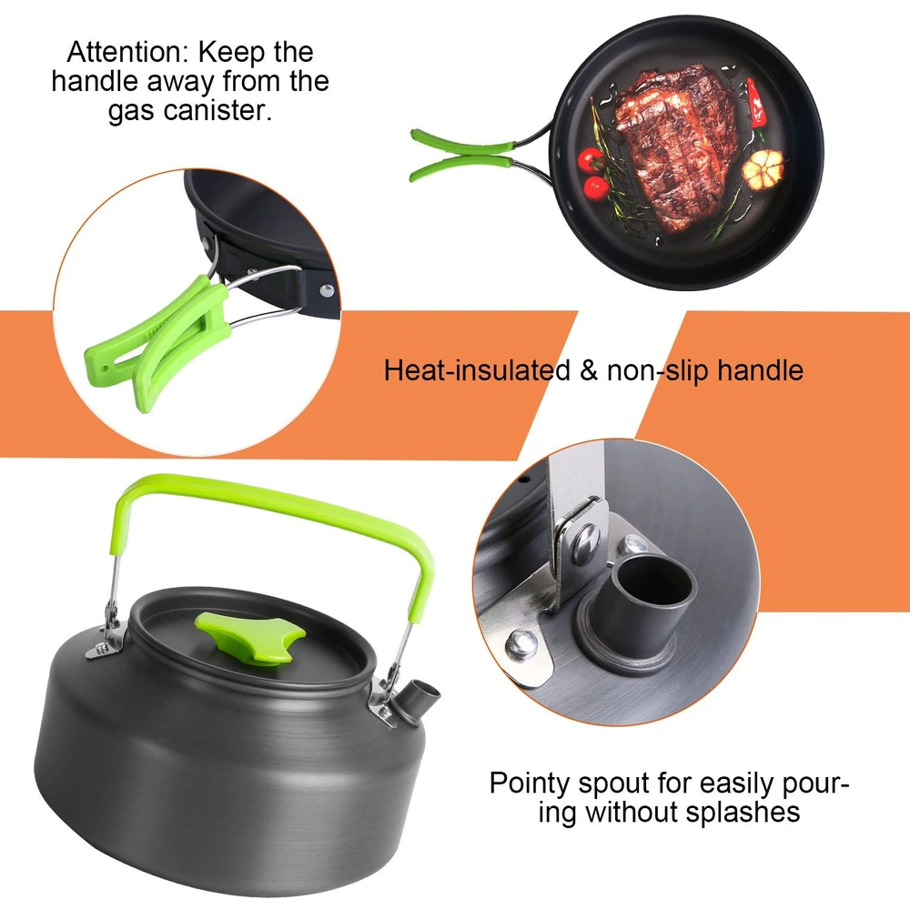Cookware showing a frying pan with steak and insulated handles, a kettle with a green handle mentioning safety tips, and a pointy spout for easy pouring.