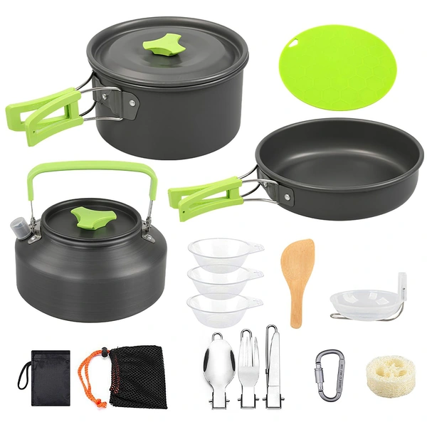 Complete camping cookware set with pot, pan, kettle, utensils, and accessories.