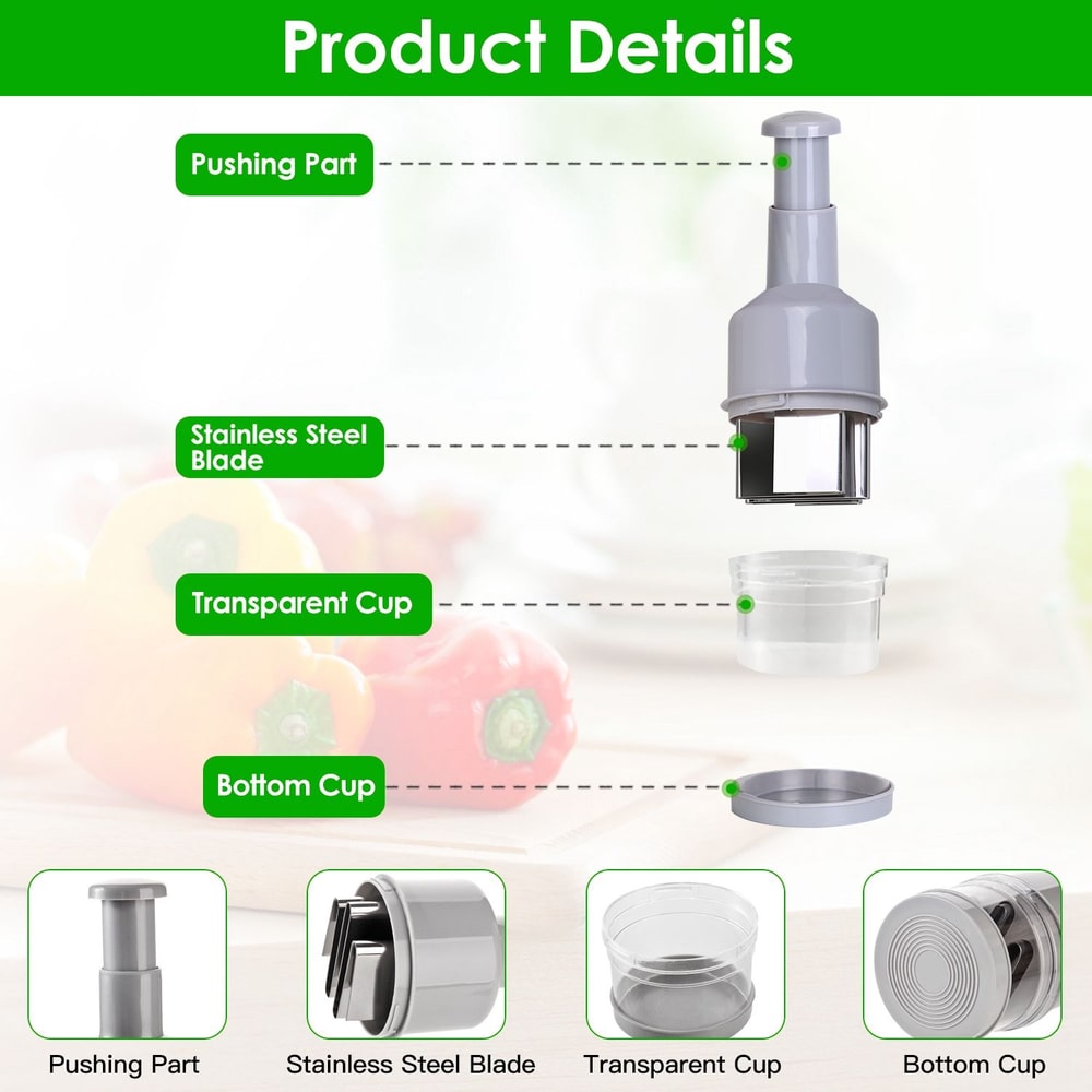 Kitchen chopper components labeled: pushing part, stainless steel blade, transparent cup, bottom cup.