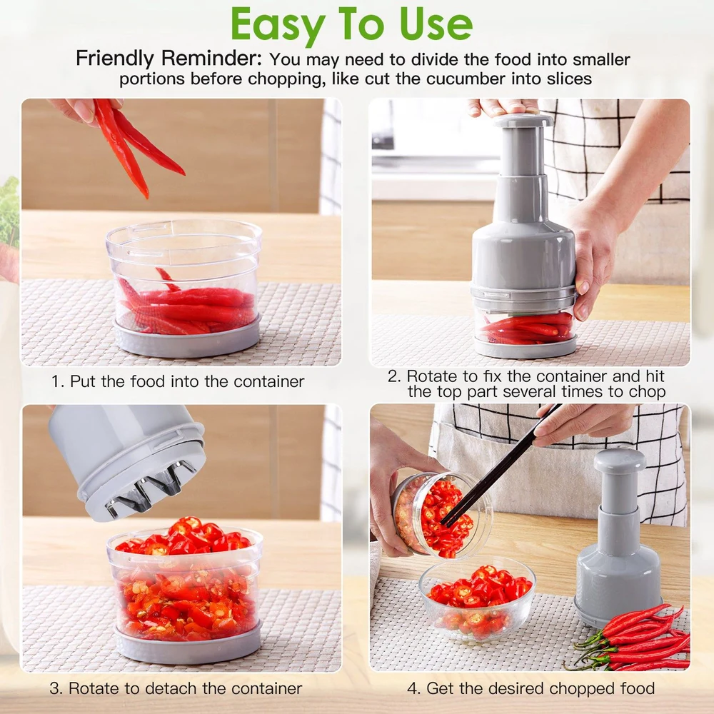 Step-by-step guide to using a chopper for chopping red peppers.
