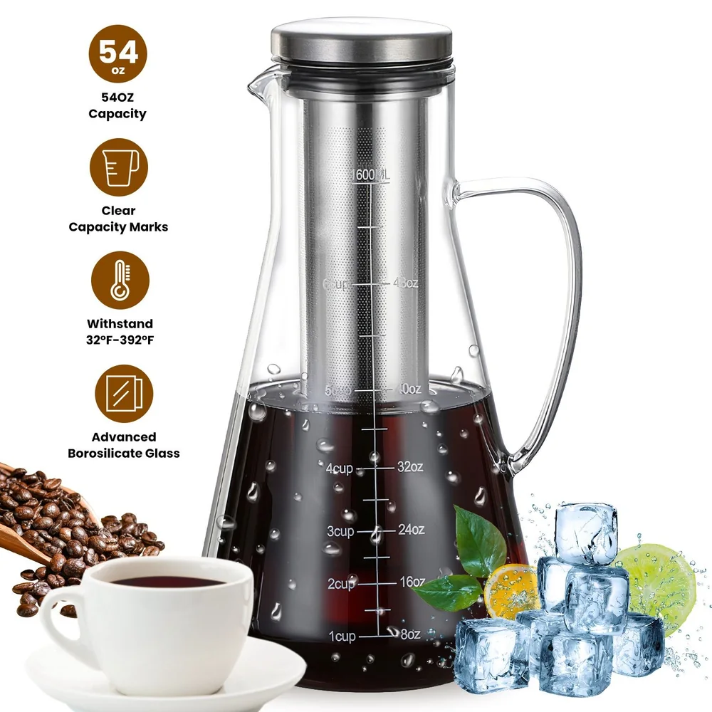 54oz glass coffee maker with clear capacity marks and borosilicate glass, surrounded by coffee beans, cup, ice cubes, and fruit.