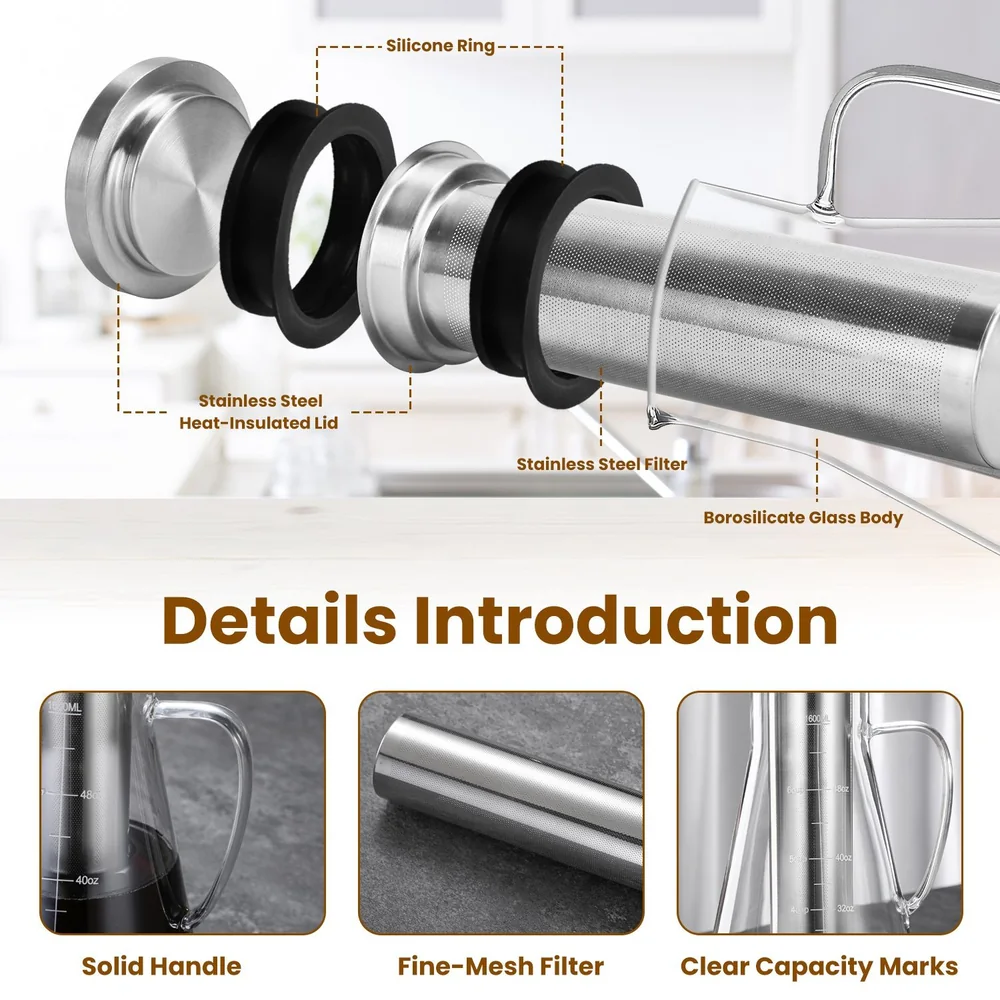 Detailed breakdown of a borosilicate glass coffee maker with stainless steel heat-insulated lid, silicone ring, stainless steel filter, and images highlighting solid handle, fine-mesh filter, and clear capacity marks.