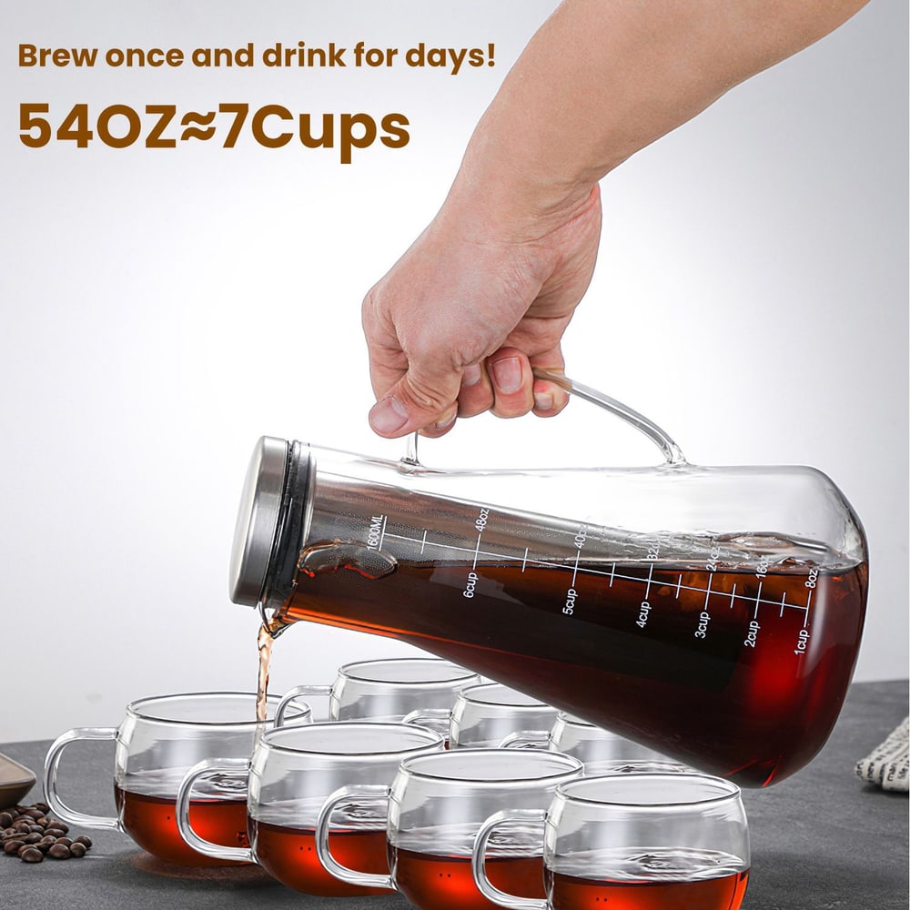 Hand pouring iced tea from large glass pitcher into six cups, caption reads "Brew once and drink for days! 54 OZ ≈ 7 Cups".