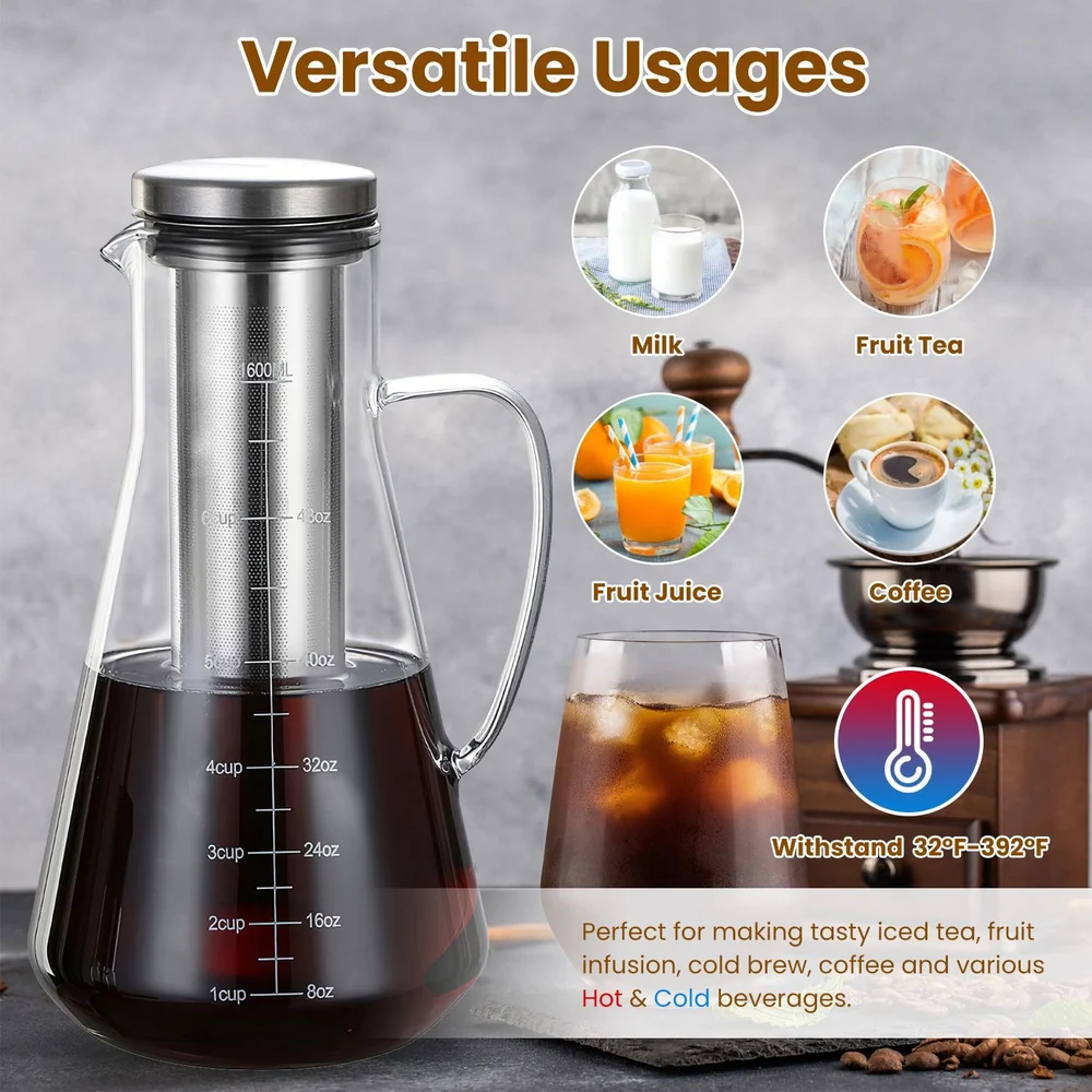 Versatile glass pitcher for hot and cold beverages like iced tea, fruit tea, coffee, milk, and fruit juice.