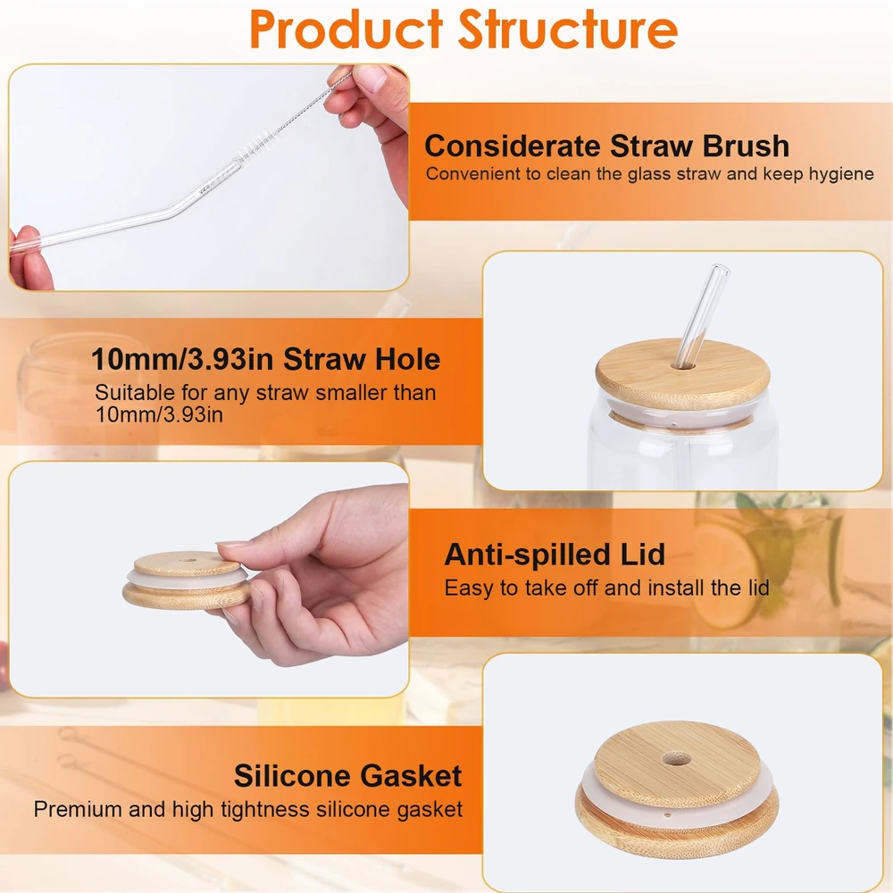 Product Structure guide showing considerate straw brush, 10mm straw hole, anti-spilled lid, and silicone gasket features
