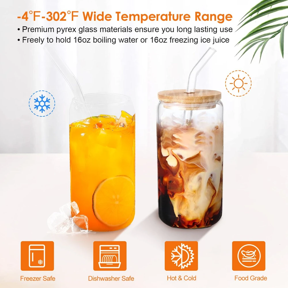 16oz glass cups with wide temperature range, including hot iced coffee and orange juice, dishwasher and freezer safe, food grade material.
