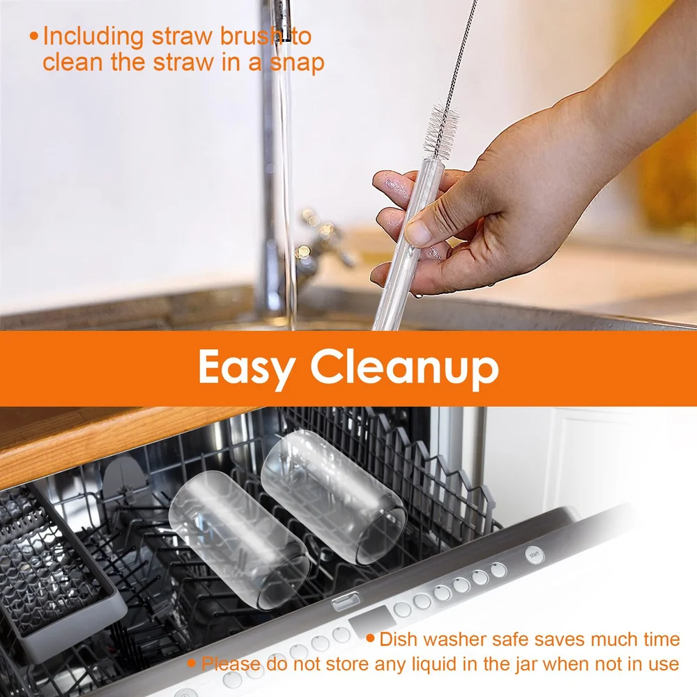 Person cleaning straw with brush under faucet, dishwasher open with clean glasses; text: "Easy Cleanup" and "Dishwasher safe saves much time".