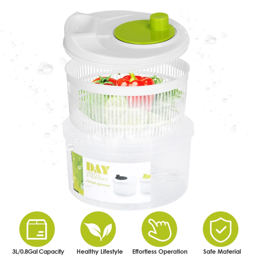 Salad spinner with green lid, large capacity, and healthy lifestyle icons
