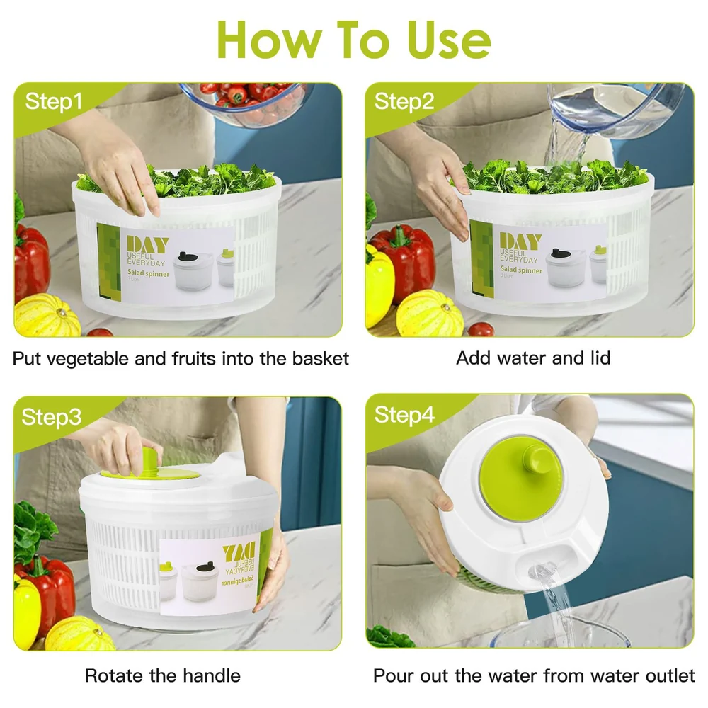 Salad spinner usage guide: add vegetables and fruits, add water and lid, rotate handle, pour out water.