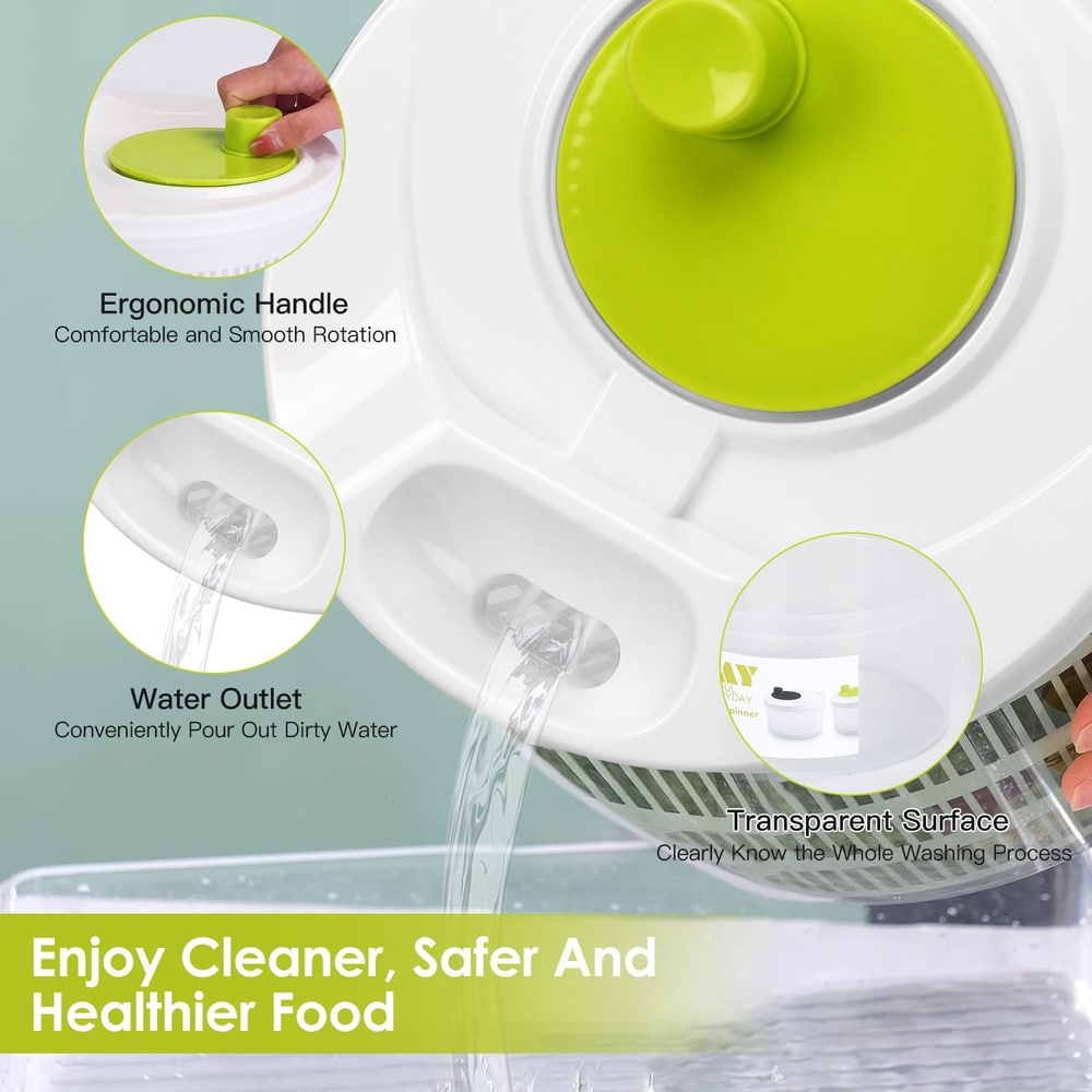 Salad spinner with ergonomic handle, water outlet, transparent surface for cleaner, safer, and healthier food.