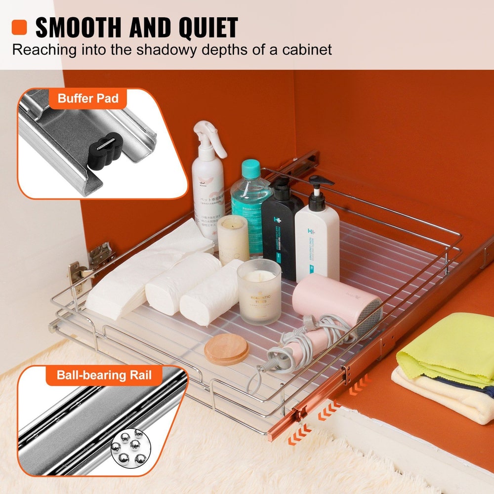 Retractable cabinet tray with smooth ball-bearing rail, buffer pad, and toiletries for quiet storage.