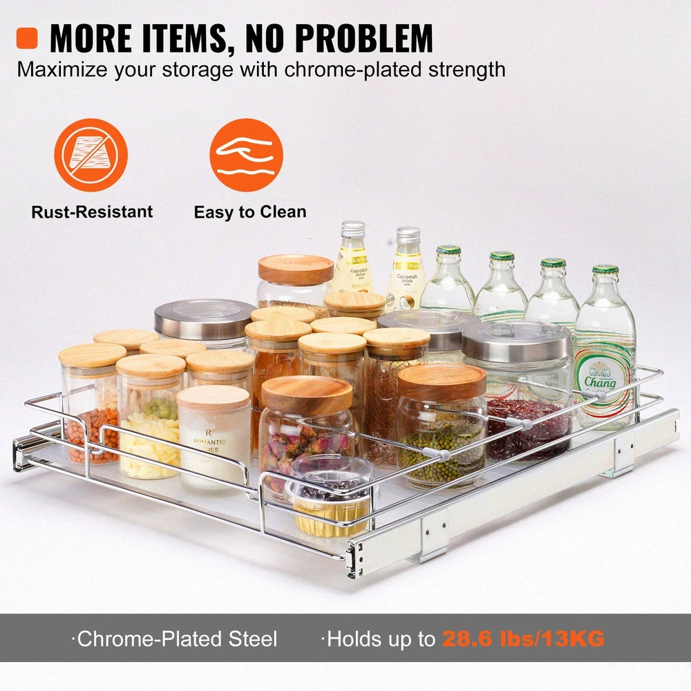 Chrome-plated kitchen pantry shelf with various jars and bottles, highlighting rust-resistance and easy-to-clean features.