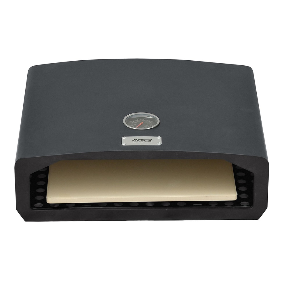 Black outdoor pizza oven with built-in thermometer and pizza stone inside.