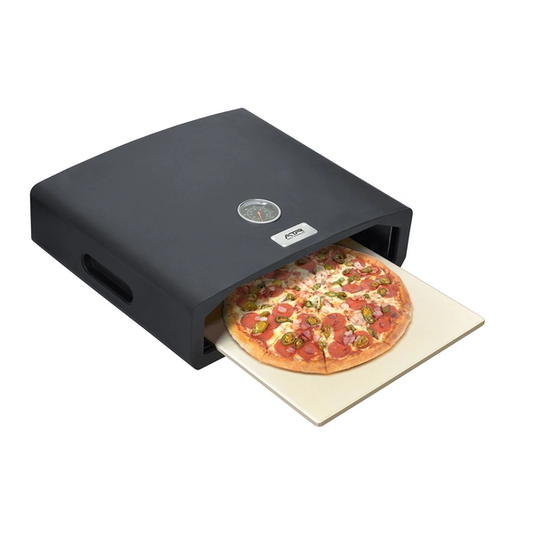 Portable pizza oven with a freshly baked pepperoni and jalapeño pizza on a baking stone.