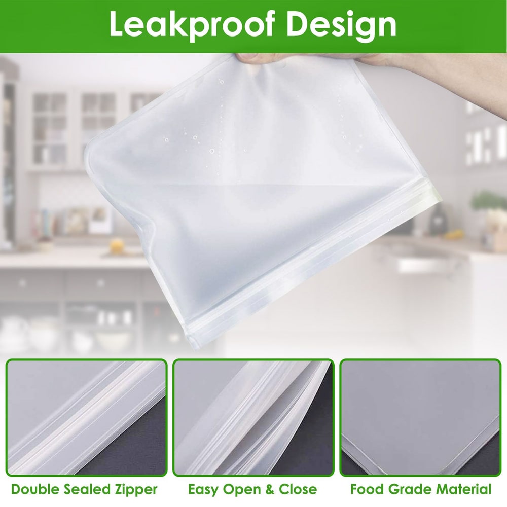 Leakproof design food storage bag with double sealed zipper, easy open and close, and food-grade material features.