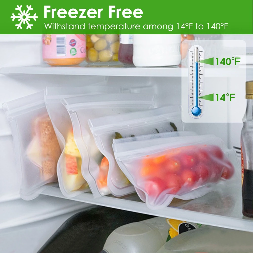 Reusable silicone food storage bags in refrigerator with temperature range from 14°F to 140°F shown.