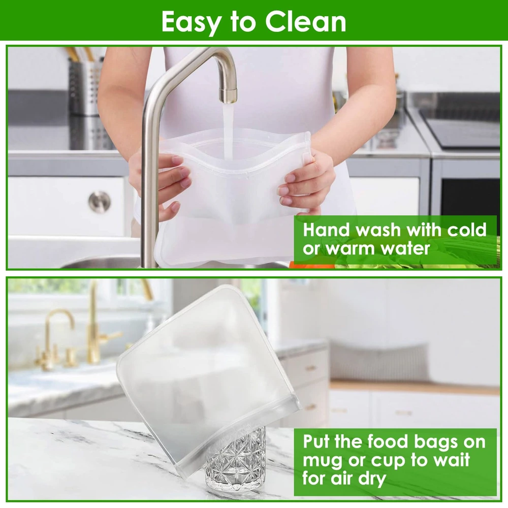 Reusable food bag being washed under tap; air drying on a cup.