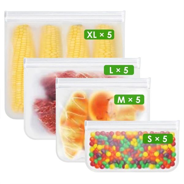 Reusable silicone food storage bags in four sizes filled with corn, meat, fruit slices, and colorful candies.