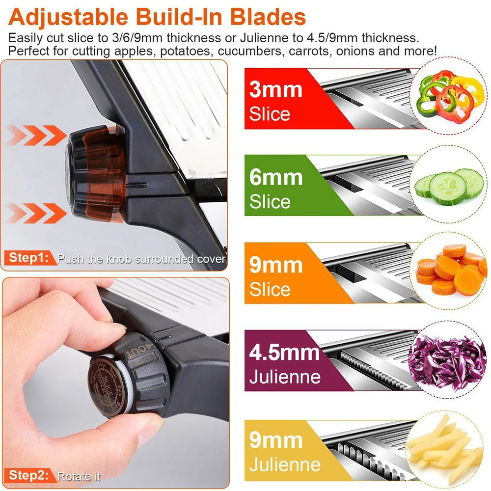 Adjustable slicing and julienne blade settings for vegetables with 3mm, 6mm, 9mm slices and 4.5mm, 9mm julienne options