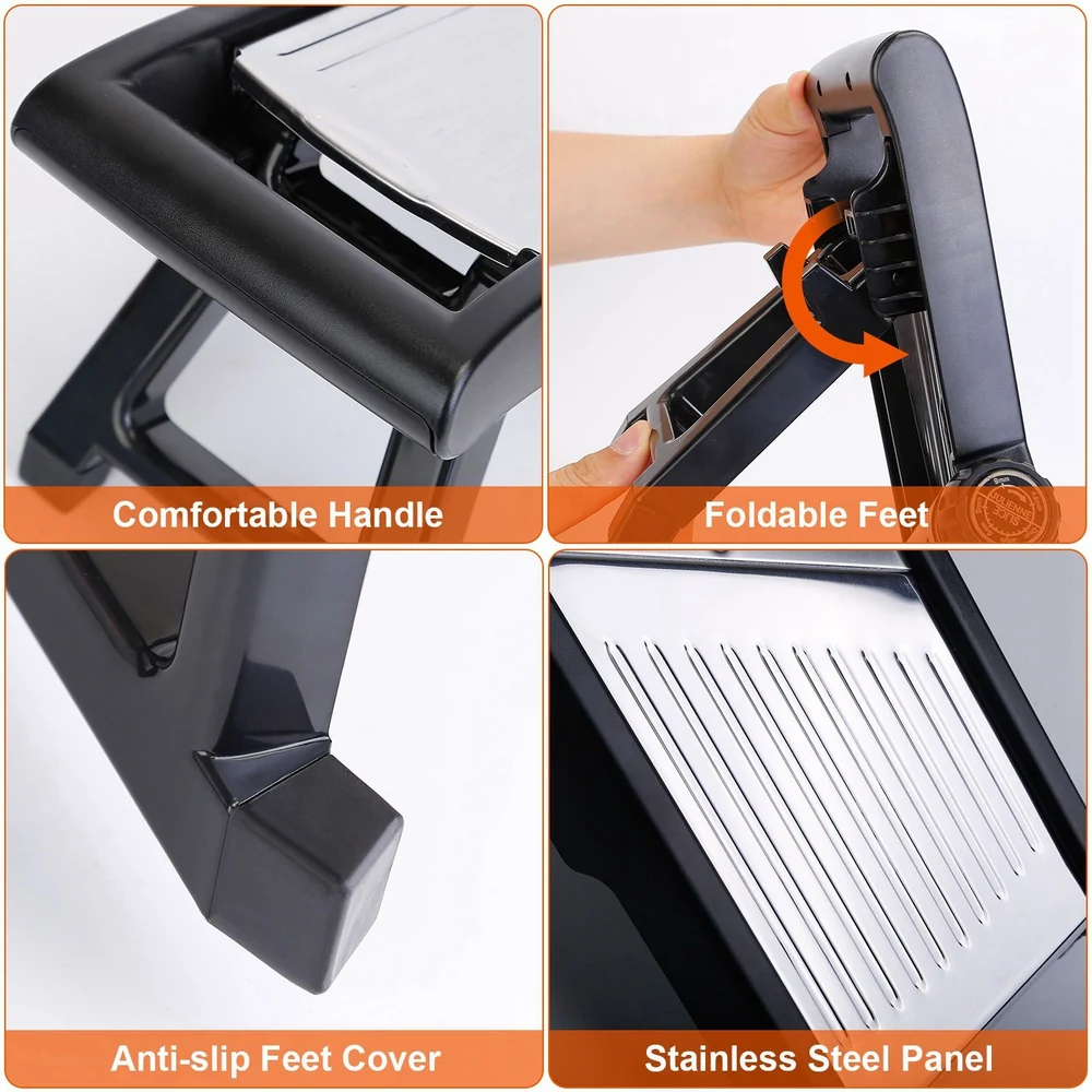 Collage showcasing features of a kitchen tool: comfortable handle, foldable feet, anti-slip feet cover, and stainless steel panel.