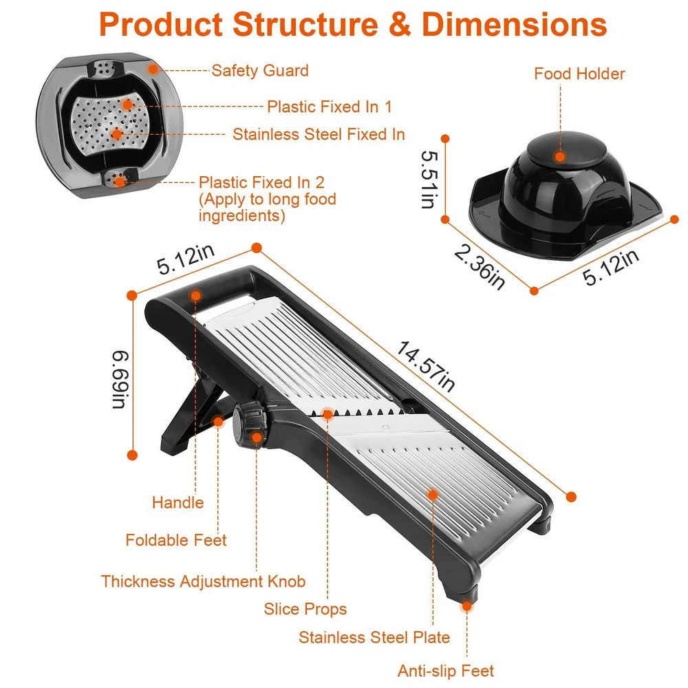 Detailed product structure and dimensions of vegetable mandoline slicer.
