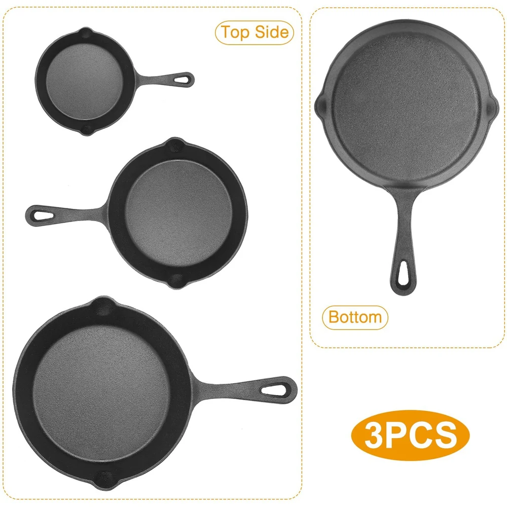 Image showing a 3-piece black cast iron skillet set with labelled top and bottom views.