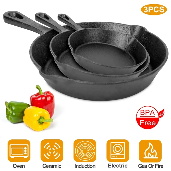 Set of three black cast iron skillets with bell peppers, suitable for oven, ceramic, induction, electric, and gas or fire cooking, BPA-free.