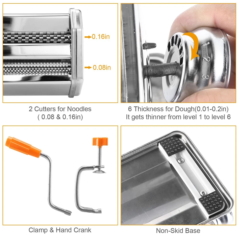 Pasta maker machine parts with 2 cutters for noodles, 6 thickness settings for dough, clamp, hand crank, and non-skid base.