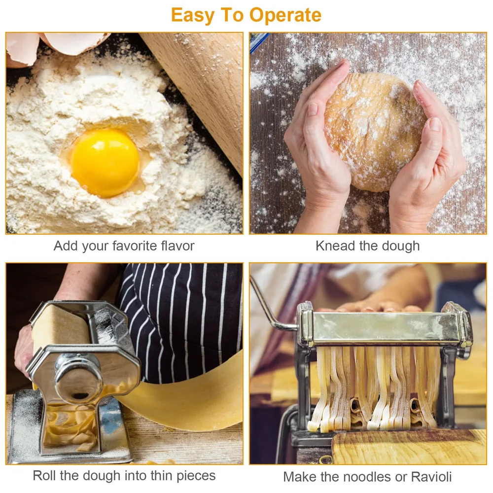 Step-by-step guide to making homemade pasta: adding ingredients, kneading dough, rolling, and shaping into noodles or ravioli.