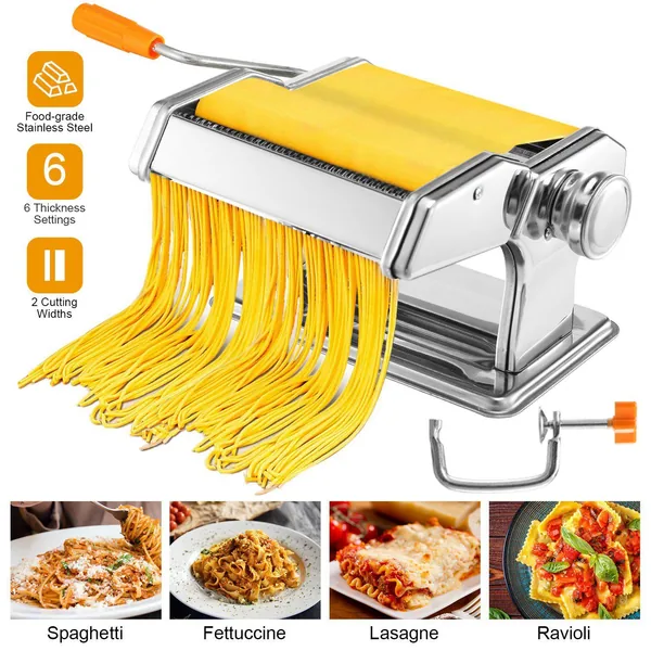 Stainless steel pasta maker with adjustable thickness settings and four types of pasta: spaghetti, fettuccine, lasagne, and ravioli.