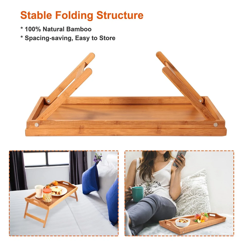 Bamboo folding tray for eating or using devices in bed or on sofa