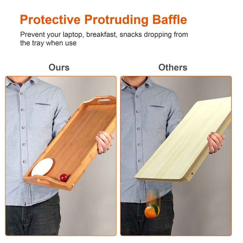 Comparison of two trays showing an orange falling from a flat tray and items retained in a tray with protective protruding baffle.