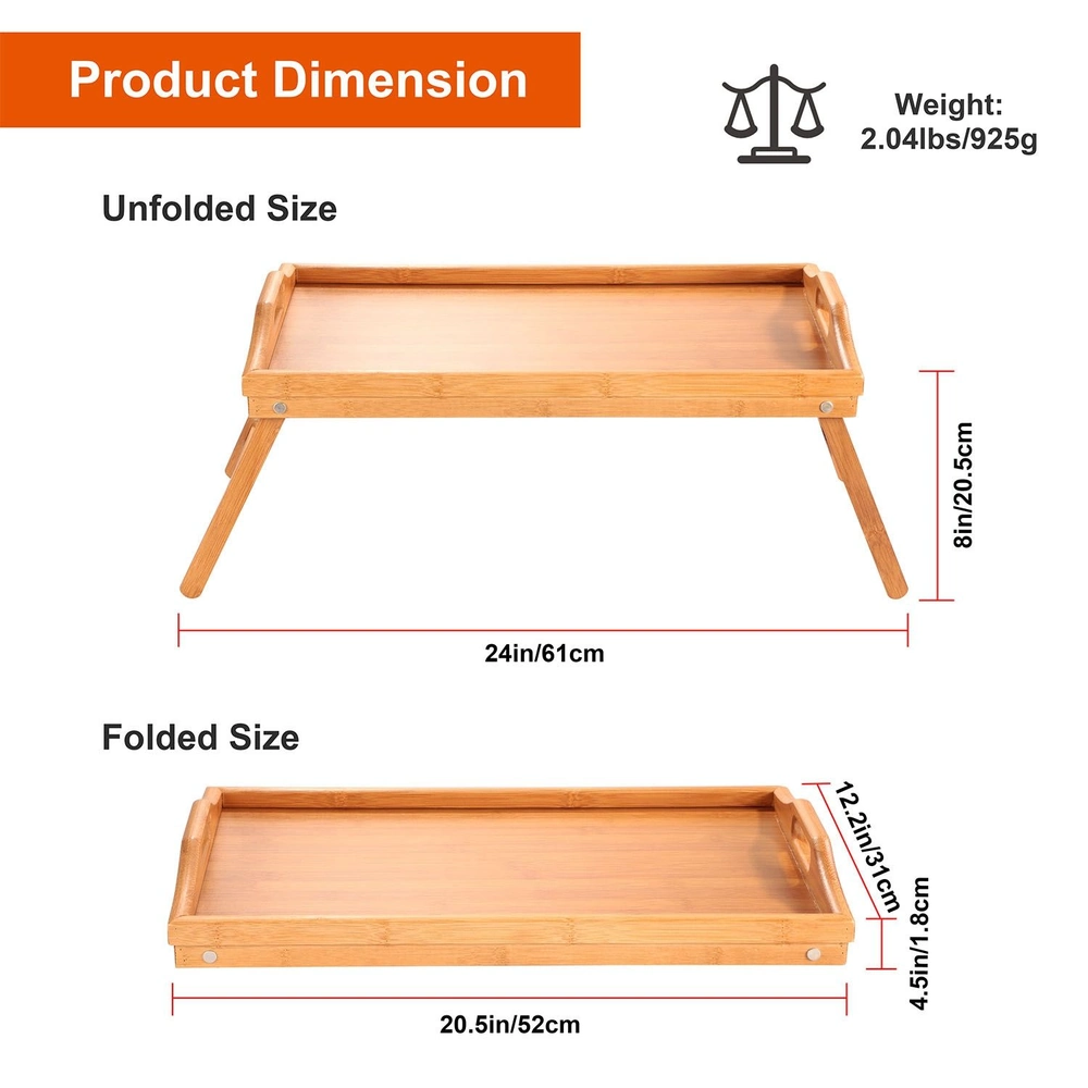 Wooden foldable tray with dimensions: unfolded size 24in/61cm length, 8in/20.5cm height; folded size 20.5in/52cm length, 4.5in/1.8cm height; weight 2.04lbs/925g
