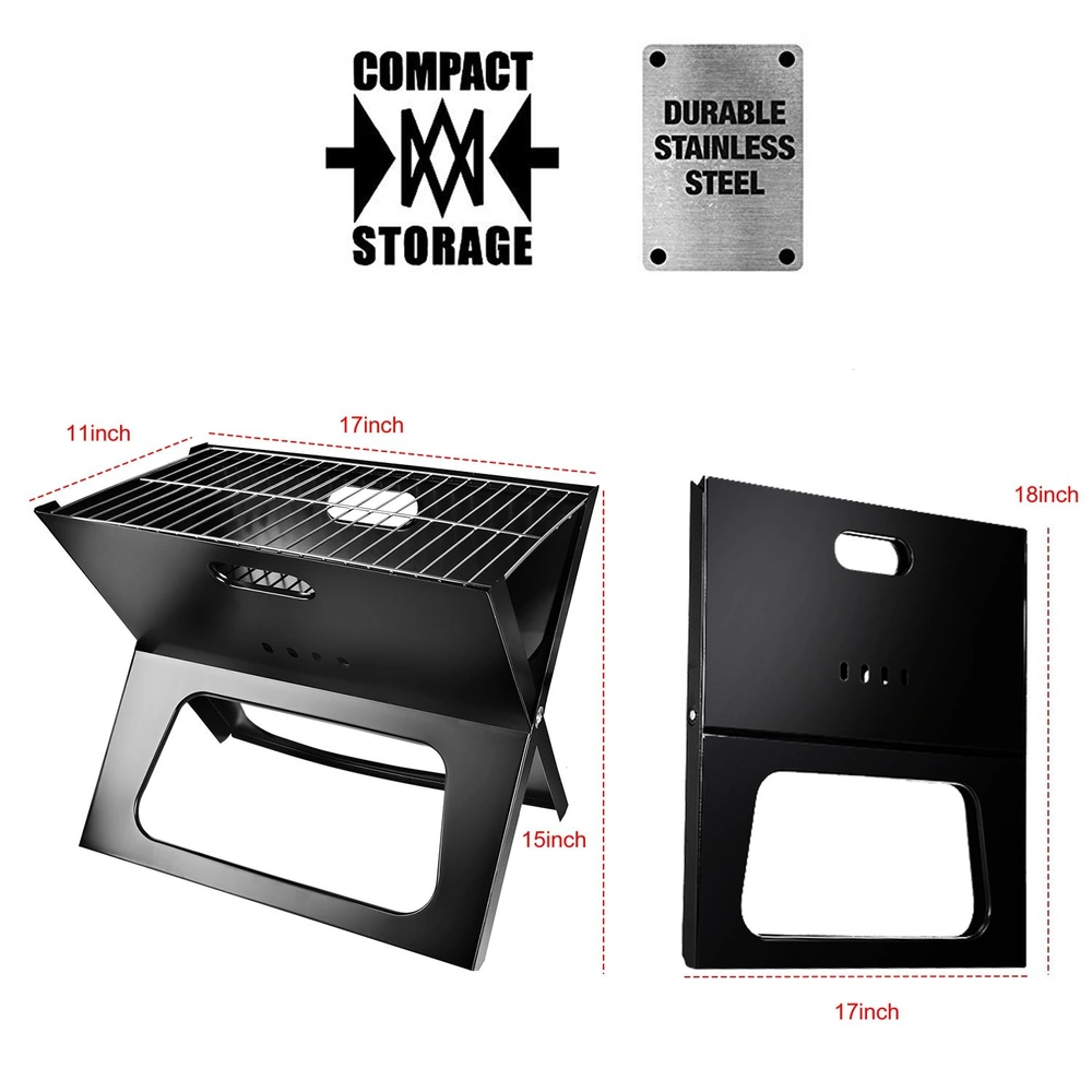 Foldable portable grill with dimensions indicated, made of durable stainless steel for compact storage.