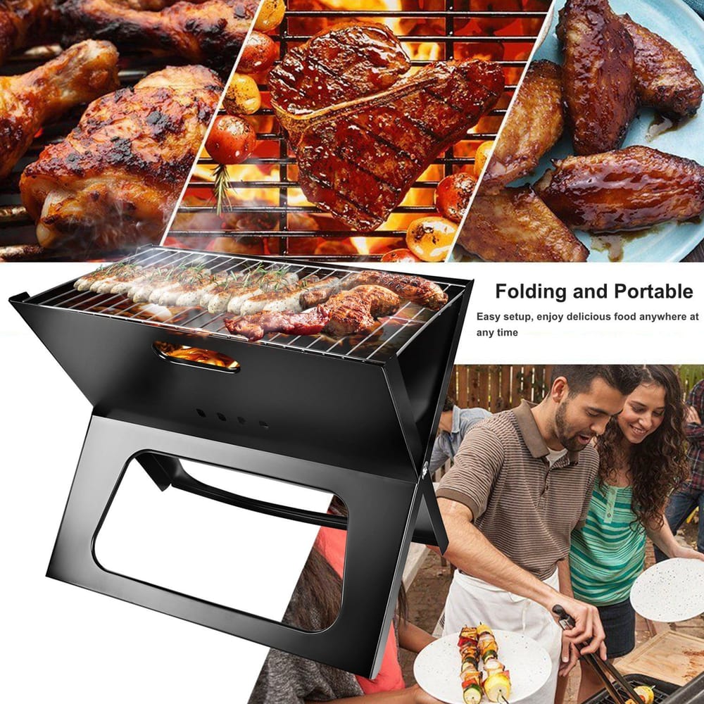 Collage of grilled food with a couple barbecuing meat on a portable folding grill.