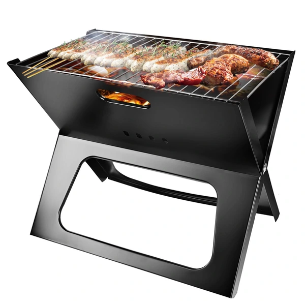 Portable tabletop barbecue grill with skewers and grilled meat