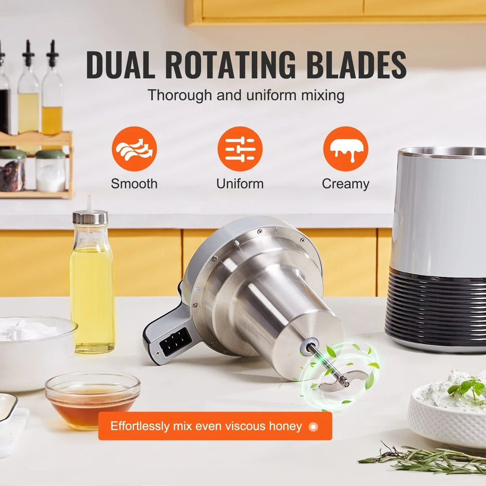 Dual rotating blades for smooth, uniform, and creamy mixing, effortlessly blending even viscous honey in a modern kitchen setting.