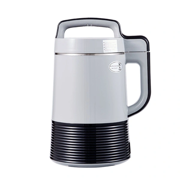Gray stainless steel thermal carafe with black base and handle.