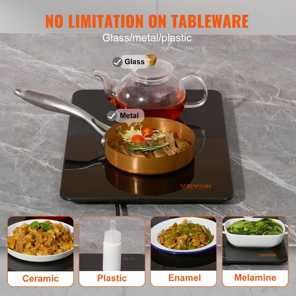 Induction cooktop with various tableware options including glass teapot, metal pan, ceramic, plastic, enamel, and melamine dishes.