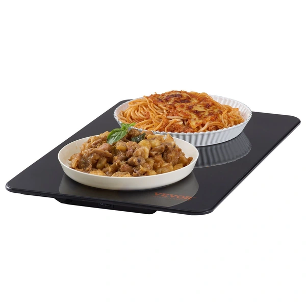 Two dishes of pasta, one with meat sauce and the other topped with cheese, displayed on a Vevor induction cooktop.