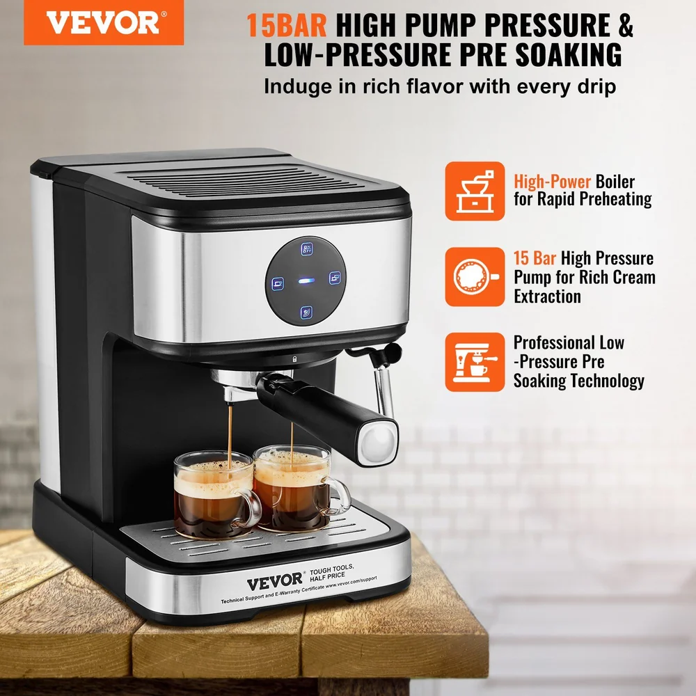 Vevor high-pressure espresso machine with 15-bar pump, low-pressure pre-soaking, and rapid preheating capabilities.