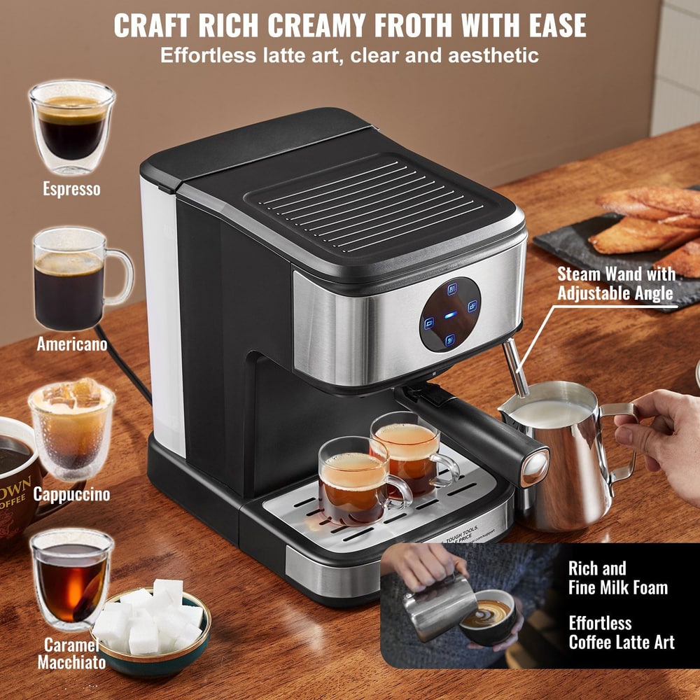 Home espresso machine with labeled features, crafting various coffee drinks like espresso, Americano, cappuccino, and caramel macchiato, showing steam wand and rich foam latte art.