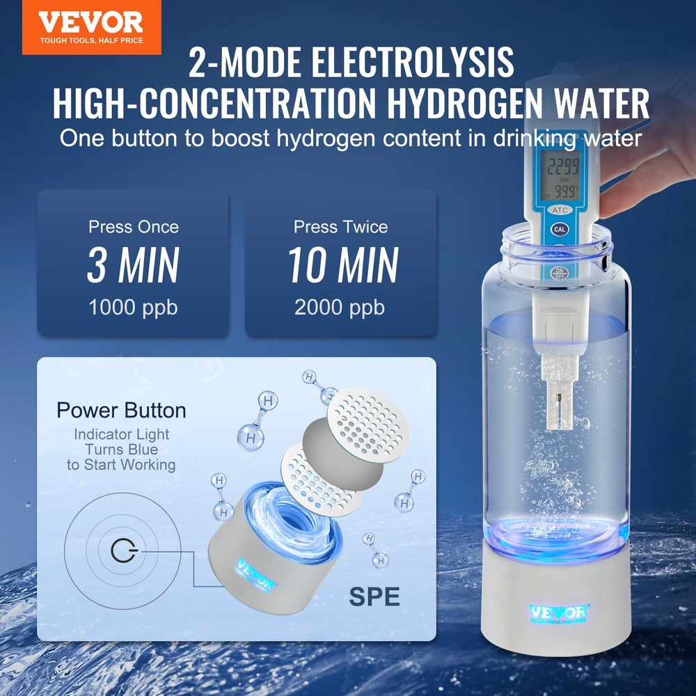 Image of Vevor high-concentration hydrogen water generator with 2-mode electrolysis and power button for boosting hydrogen content in drinking water.